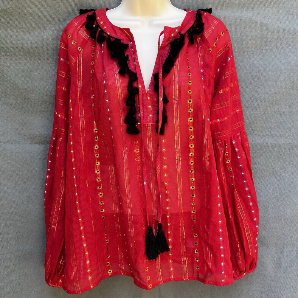 Anthropologie Belle Vere Sz S Red Black Gold Blouse Shirt Top Metallic Tassels